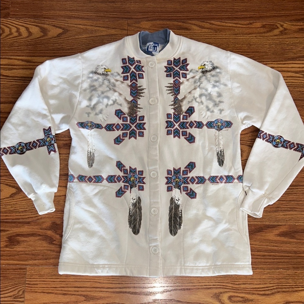 Vintage 90s Native American Unlimited Sportswear All Over Sweatshirt W/ Pockets - Picture 1 of 10